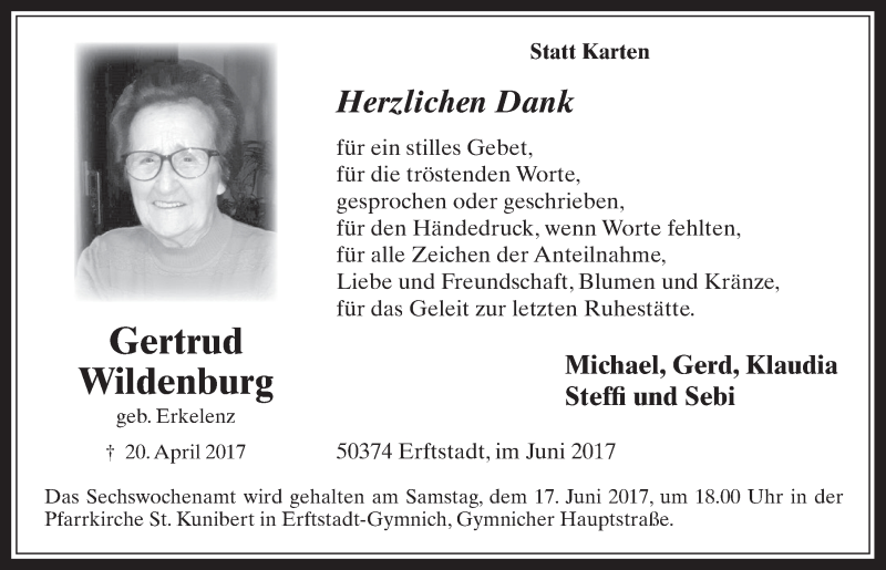  Traueranzeige für Gertrud Wildenburg vom 14.06.2017 aus  Werbepost 