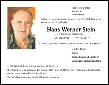 Anzeige von Hans Werner Stein von Kölner Stadt-Anzeiger / Kölnische Rundschau / Express