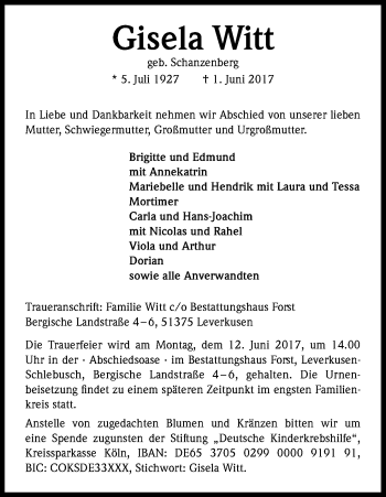 Anzeige von Gisela Witt von Kölner Stadt-Anzeiger / Kölnische Rundschau / Express