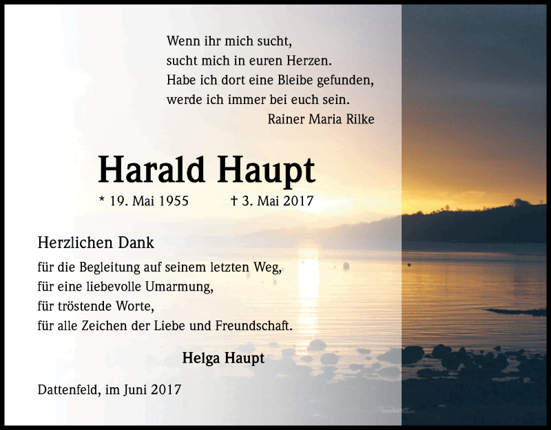  Traueranzeige für Harald Haupt vom 30.06.2017 aus Kölner Stadt-Anzeiger / Kölnische Rundschau / Express