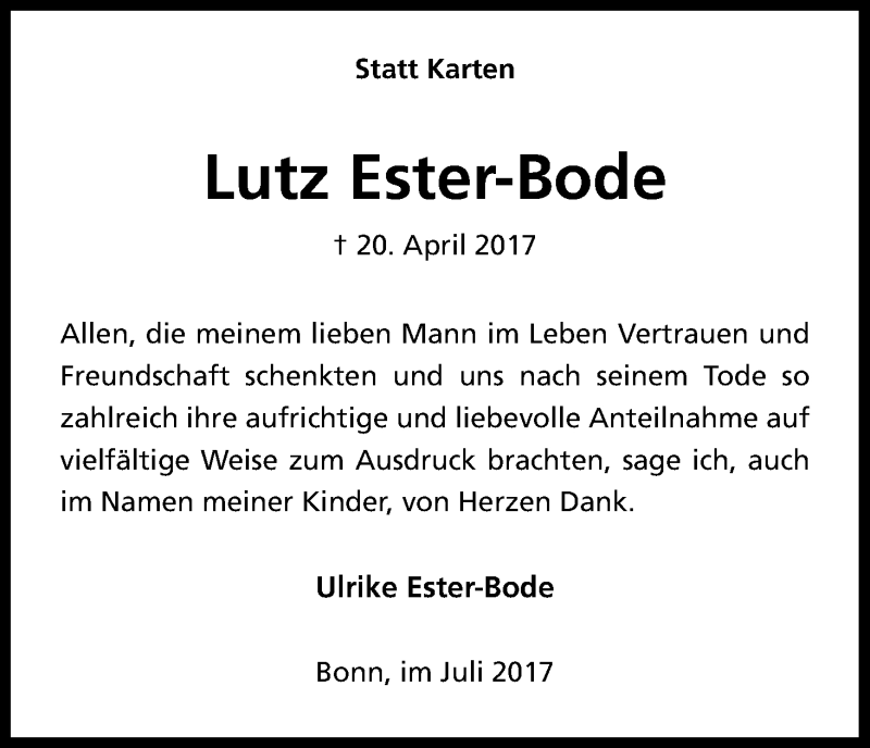  Traueranzeige für Lutz Ester-Bode vom 01.07.2017 aus Kölner Stadt-Anzeiger / Kölnische Rundschau / Express