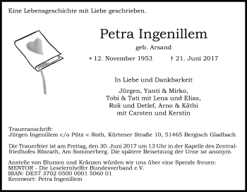 Anzeige von Petra Ingenillem von Kölner Stadt-Anzeiger / Kölnische Rundschau / Express