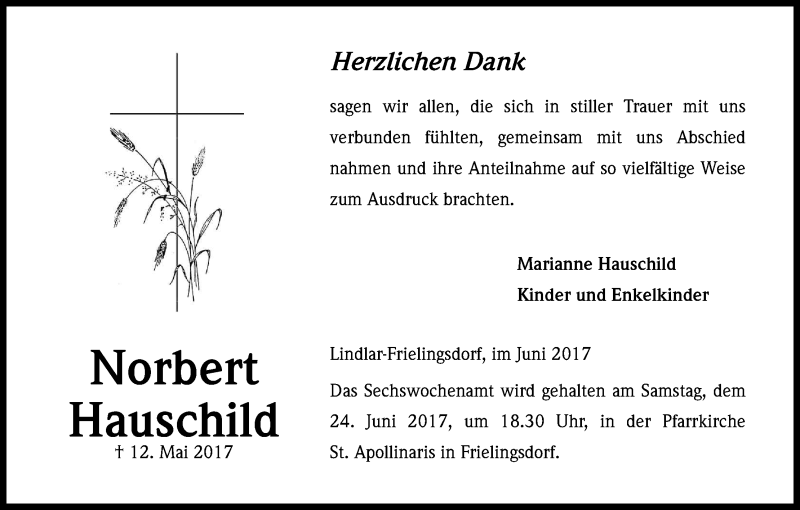  Traueranzeige für Norbert Hauschild vom 17.06.2017 aus Kölner Stadt-Anzeiger / Kölnische Rundschau / Express
