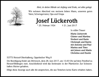 Anzeige von Josef Lückeroth von Kölner Stadt-Anzeiger / Kölnische Rundschau / Express