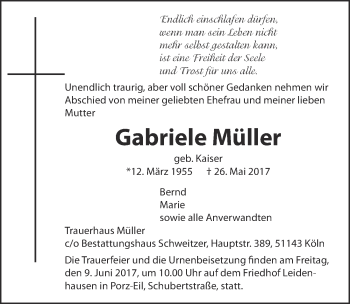 Anzeige von Gabriele Müller von  Kölner Wochenspiegel 