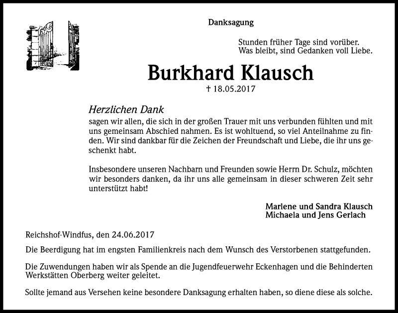  Traueranzeige für Burkhard Klausch vom 24.06.2017 aus Kölner Stadt-Anzeiger / Kölnische Rundschau / Express