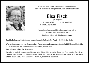 Anzeige von Elsa Fisch von Kölner Stadt-Anzeiger / Kölnische Rundschau / Express