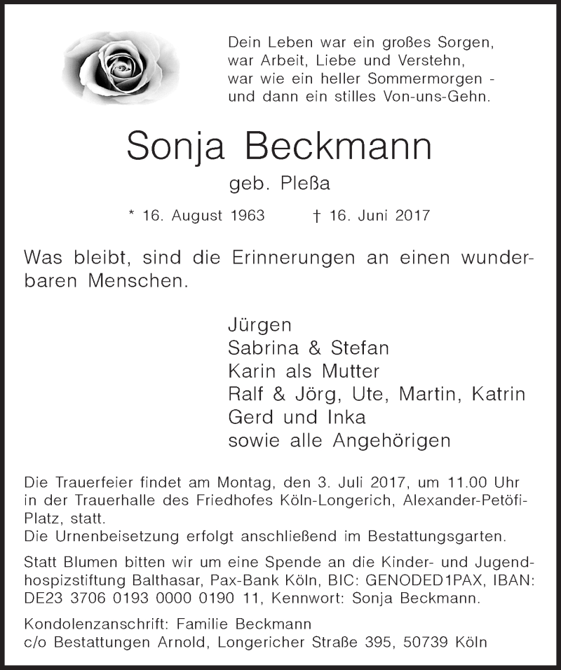 Traueranzeige für Sonja Beckmann vom 28.06.2017 aus  Wochenende 