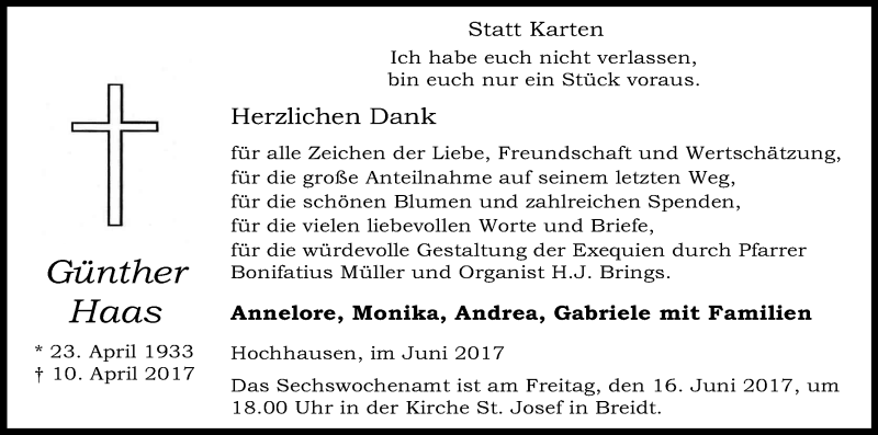  Traueranzeige für Günther Haas vom 07.06.2017 aus Kölner Stadt-Anzeiger / Kölnische Rundschau / Express