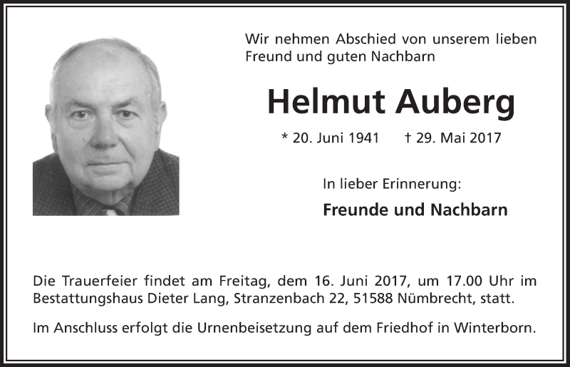  Traueranzeige für Helmut Auberg vom 14.06.2017 aus  Lokalanzeiger 