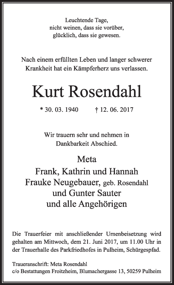  Traueranzeige für Kurt Rosendahl vom 17.06.2017 aus  Sonntags-Post 