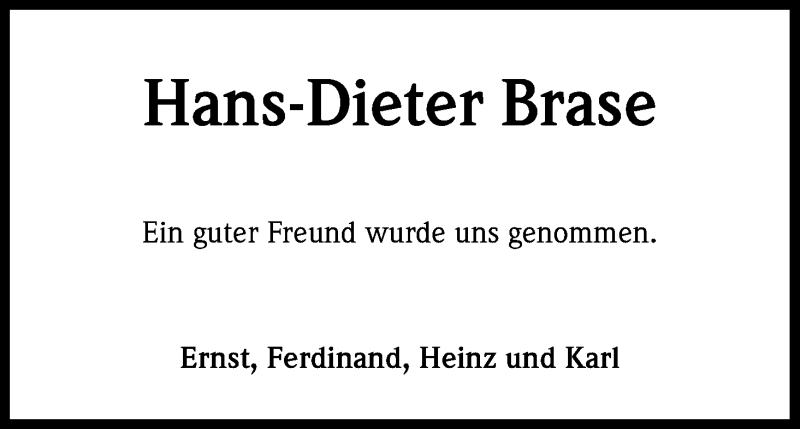  Traueranzeige für Hans-Dieter Brase vom 21.06.2017 aus Kölner Stadt-Anzeiger / Kölnische Rundschau / Express
