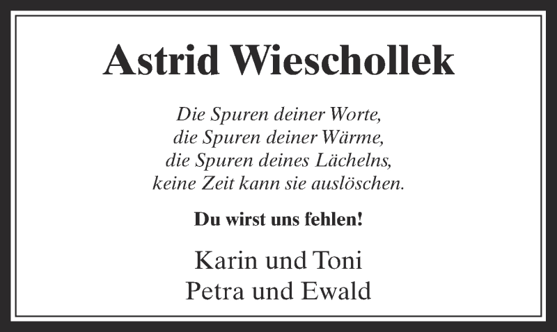  Traueranzeige für Astrid Wieschollek vom 28.06.2017 aus  Schaufenster/Blickpunkt 