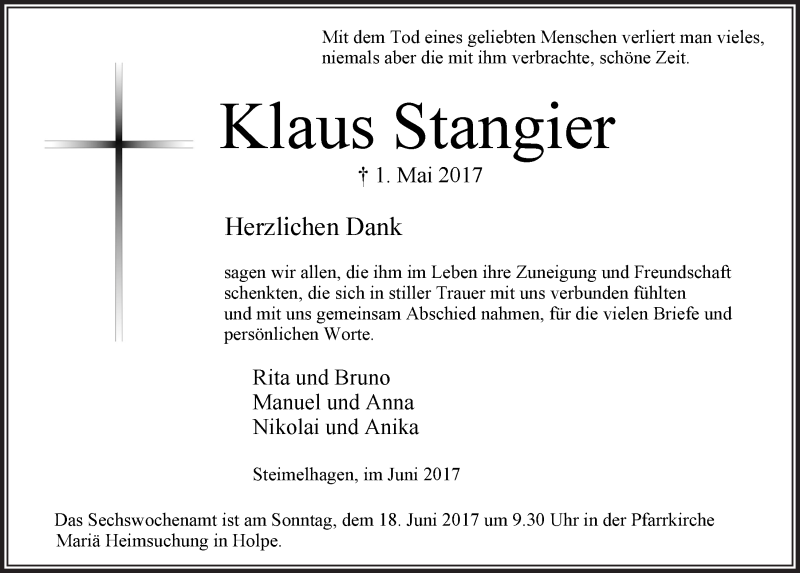 Traueranzeige für Klaus Stangier vom 14.06.2017 aus  Lokalanzeiger 