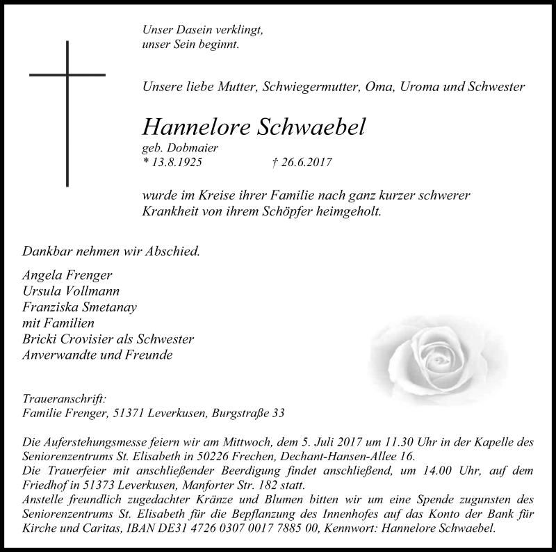  Traueranzeige für Hannelore Schwaebel vom 01.07.2017 aus Kölner Stadt-Anzeiger / Kölnische Rundschau / Express