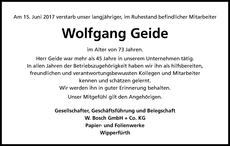  Traueranzeige für Wolfgang Geide vom 24.06.2017 aus Kölner Stadt-Anzeiger / Kölnische Rundschau / Express