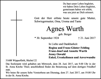 Anzeige von Agnes Wurth von Kölner Stadt-Anzeiger / Kölnische Rundschau / Express