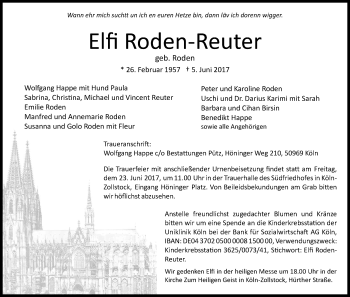 Anzeige von Elfi Roden-Reuter von Kölner Stadt-Anzeiger / Kölnische Rundschau / Express