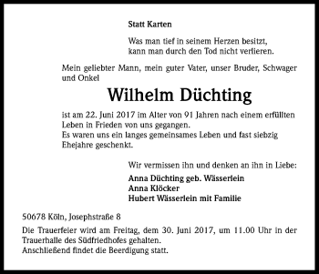 Anzeige von Wilhelm Düchting von Kölner Stadt-Anzeiger / Kölnische Rundschau / Express