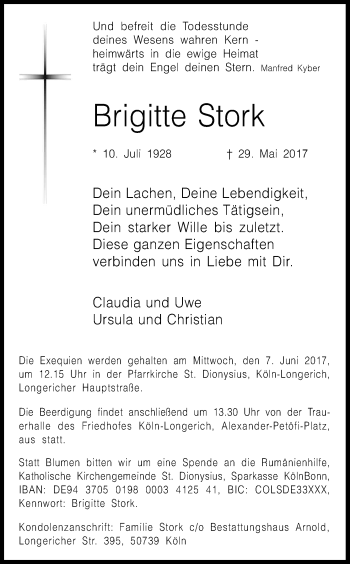 Anzeige von Brigitte Stork von Kölner Stadt-Anzeiger / Kölnische Rundschau / Express