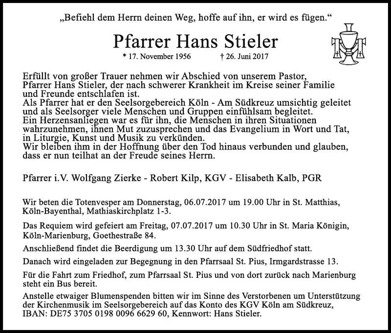  Traueranzeige für Hans Stieler vom 01.07.2017 aus Kölner Stadt-Anzeiger / Kölnische Rundschau / Express