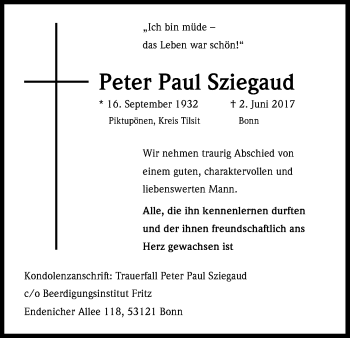 Anzeige von Peter Paul Sziegaud von Kölner Stadt-Anzeiger / Kölnische Rundschau / Express