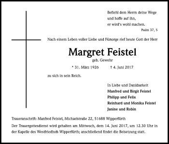 Anzeige von Margret Feistel von Kölner Stadt-Anzeiger / Kölnische Rundschau / Express