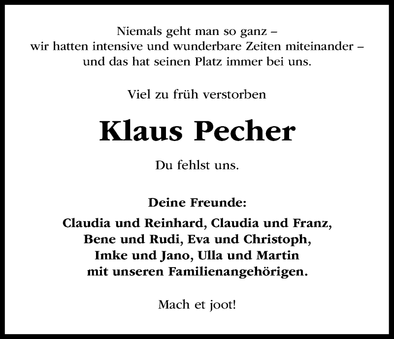  Traueranzeige für Klaus Pecher vom 03.06.2017 aus Kölner Stadt-Anzeiger / Kölnische Rundschau / Express