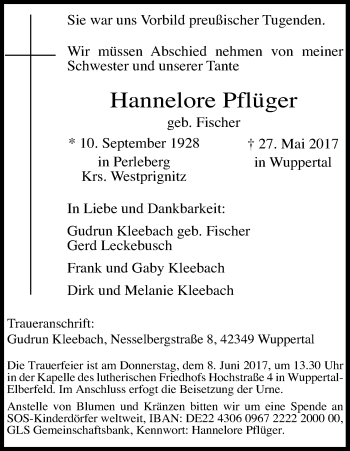 Anzeige von Hannelore Pflüger von Kölner Stadt-Anzeiger / Kölnische Rundschau / Express