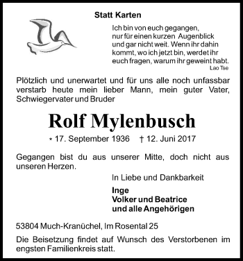 Anzeige von Rolf Mylenbusch von Kölner Stadt-Anzeiger / Kölnische Rundschau / Express