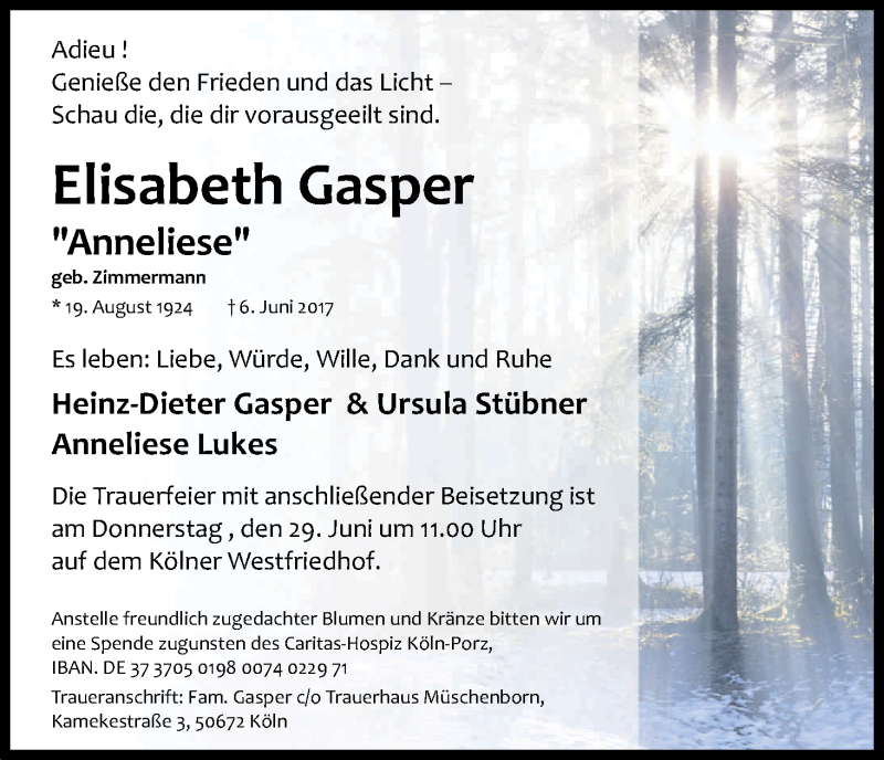  Traueranzeige für Elisabeth Gasper vom 24.06.2017 aus Kölner Stadt-Anzeiger / Kölnische Rundschau / Express