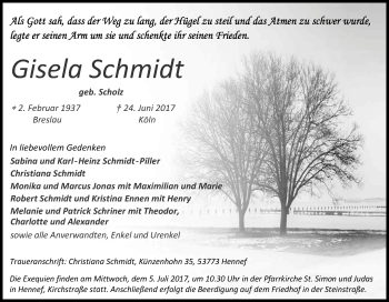 Anzeige von Gisela Schmidt von Kölner Stadt-Anzeiger / Kölnische Rundschau / Express
