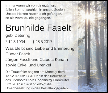 Anzeige von Brunhilde Faselt von Kölner Stadt-Anzeiger / Kölnische Rundschau / Express