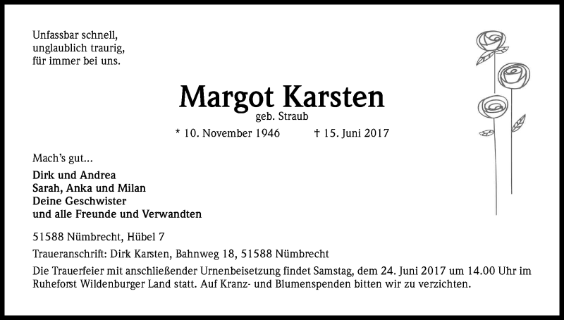  Traueranzeige für Margot Karsten vom 20.06.2017 aus Kölner Stadt-Anzeiger / Kölnische Rundschau / Express