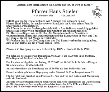 Anzeige von Hans Stieler von Kölner Stadt-Anzeiger / Kölnische Rundschau / Express