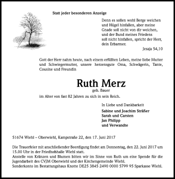 Anzeige von Ruth Merz von Kölner Stadt-Anzeiger / Kölnische Rundschau / Express