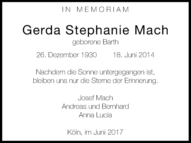  Traueranzeige für Gerda Stephanie Mach vom 17.06.2017 aus Kölner Stadt-Anzeiger / Kölnische Rundschau / Express