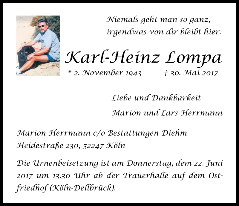  Traueranzeige für Karl-Heinz Lompa vom 17.06.2017 aus Kölner Stadt-Anzeiger / Kölnische Rundschau / Express