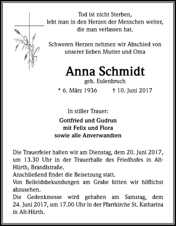 Anzeige von Anna Schmidt von Kölner Stadt-Anzeiger / Kölnische Rundschau / Express