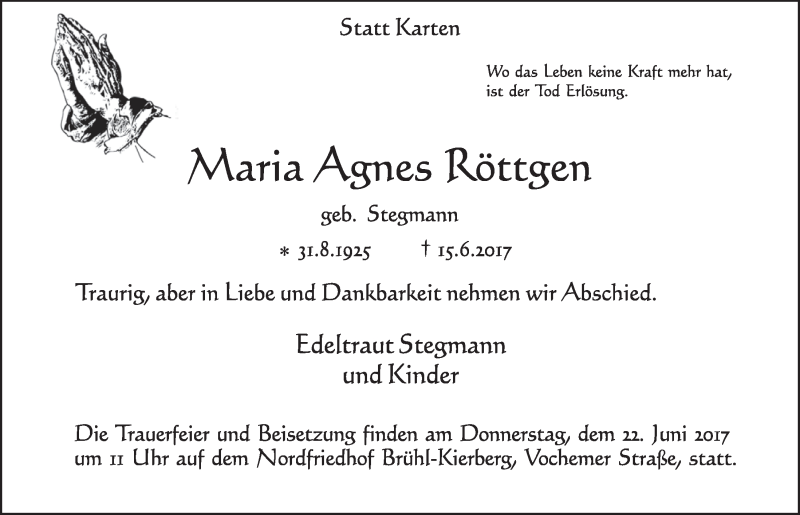  Traueranzeige für Maria Agnes Röttgen vom 21.06.2017 aus  Schlossbote/Werbekurier 