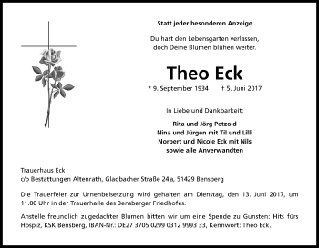 Anzeige von Theo Eck von Kölner Stadt-Anzeiger / Kölnische Rundschau / Express