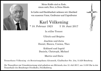 Anzeige von Karl Völkening von Kölner Stadt-Anzeiger / Kölnische Rundschau / Express