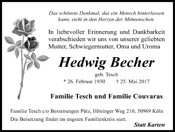 Anzeige von Hedwig Becher von Kölner Stadt-Anzeiger / Kölnische Rundschau / Express