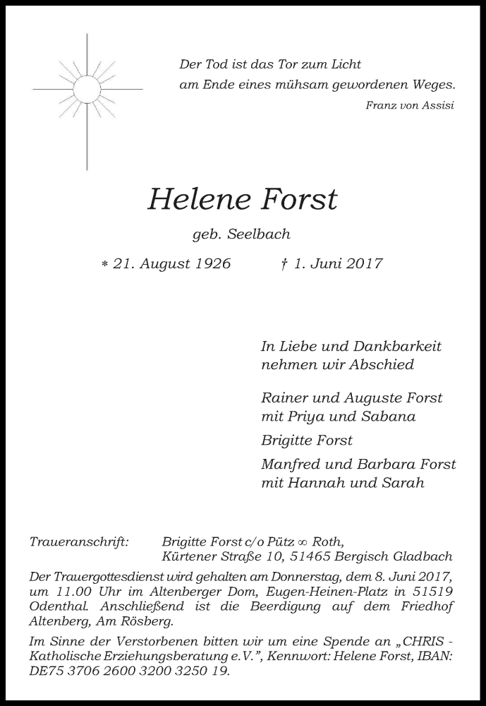  Traueranzeige für Helene Forst vom 07.06.2017 aus Kölner Stadt-Anzeiger / Kölnische Rundschau / Express