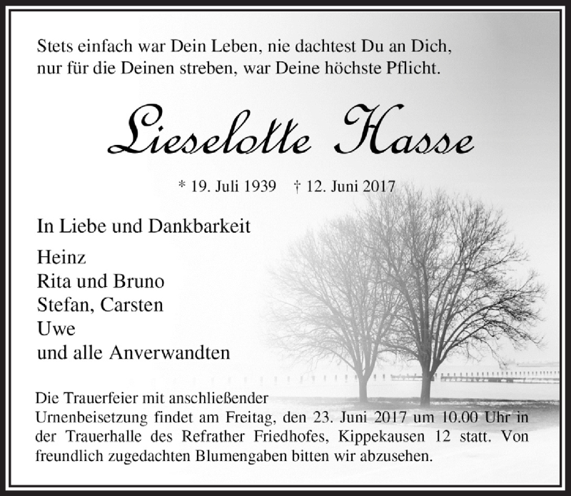  Traueranzeige für Lieselotte Hasse vom 21.06.2017 aus  Bergisches Handelsblatt 