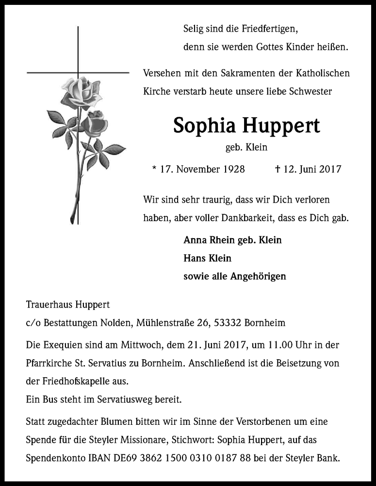  Traueranzeige für Sophia Huppert vom 17.06.2017 aus Kölner Stadt-Anzeiger / Kölnische Rundschau / Express
