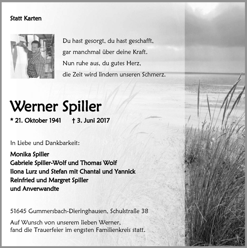  Traueranzeige für Werner Spiller vom 21.06.2017 aus  Anzeigen Echo 