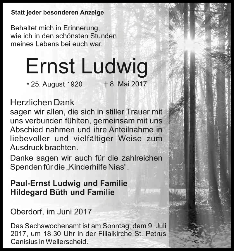  Traueranzeige für Ernst Ludwig vom 23.06.2017 aus Kölner Stadt-Anzeiger / Kölnische Rundschau / Express