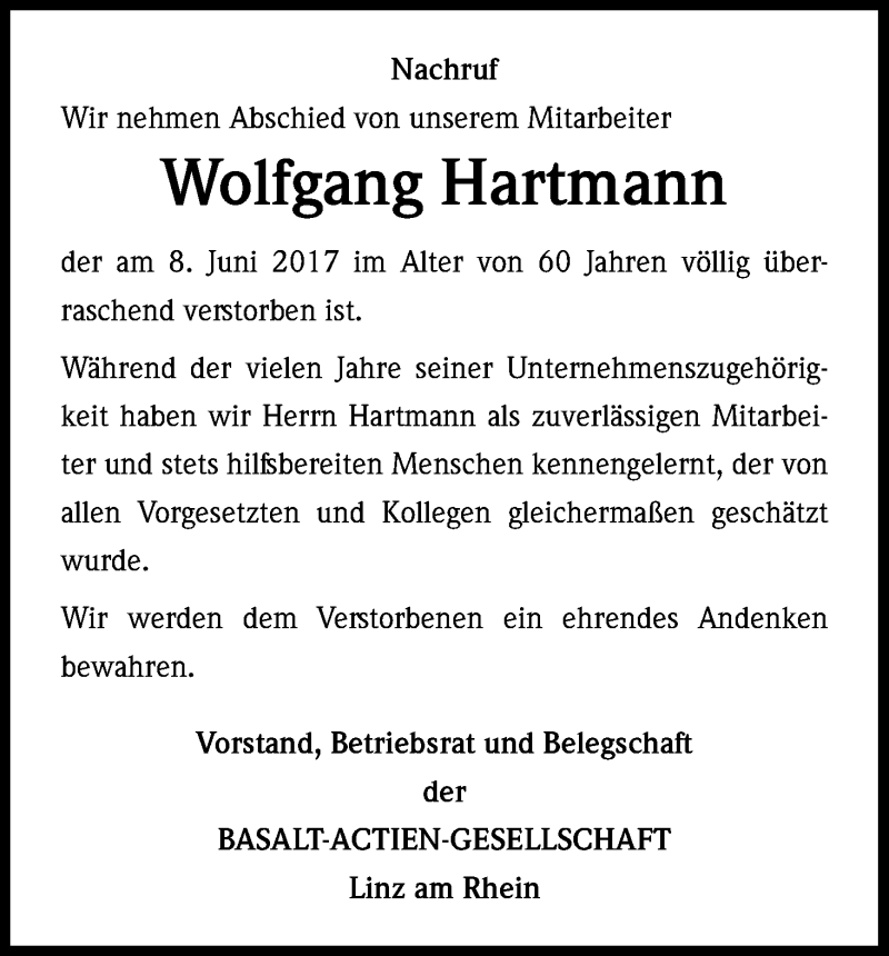  Traueranzeige für Wolfgang Hartmann vom 17.06.2017 aus Kölner Stadt-Anzeiger / Kölnische Rundschau / Express