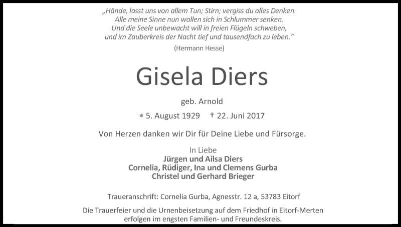  Traueranzeige für Gisela Diers vom 27.06.2017 aus Kölner Stadt-Anzeiger / Kölnische Rundschau / Express